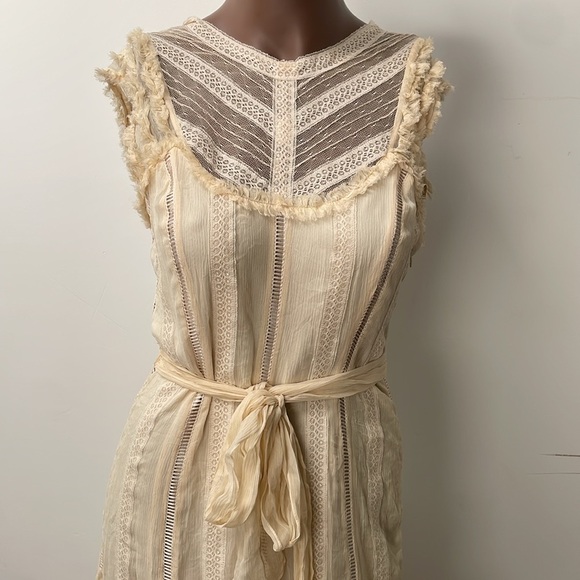 BCBGMaxazria Lace Dress Tulle Silk Fit & Flare Sleeveless Boho Cream Beige 6 New - Picture 2 of 13